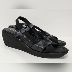 Donald J Pliner BLACK LEATHER FABRIC Slingback Platform Wedge Ankle 7.5 N Used